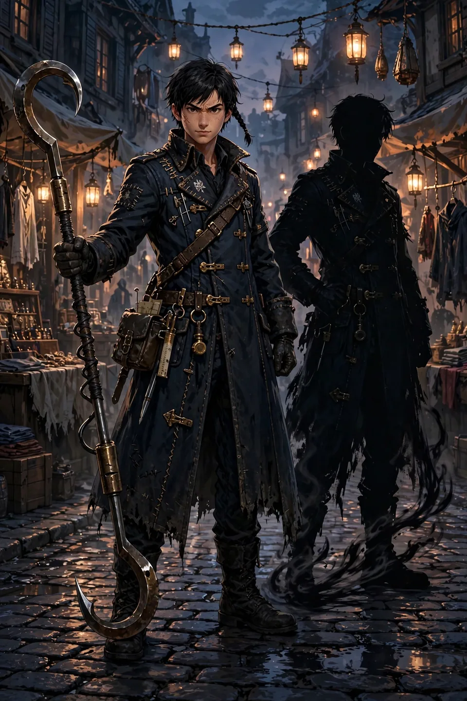 Ren Ito in a long tailor-detailed retriever coat, holding the oversized Retriever's Hook while his shadow stands beside him