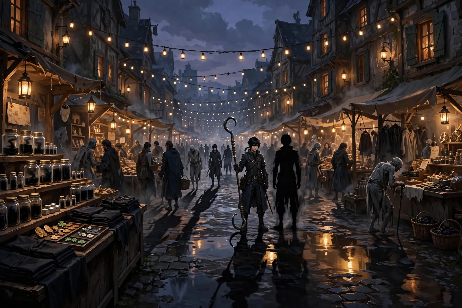 The Pawn Market of Sable City at dusk, with jars of darkness, lantern light, upright citizens with shadows, and grey citizens without them
