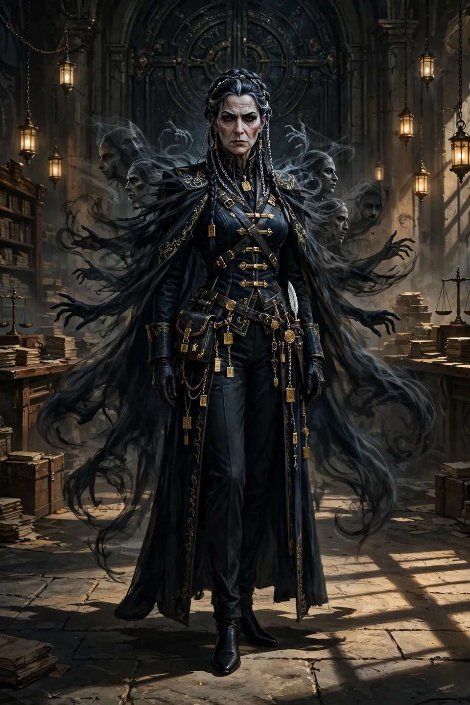 Madame Zora Vex in the Counting House, wearing a living mantle of stolen shadows